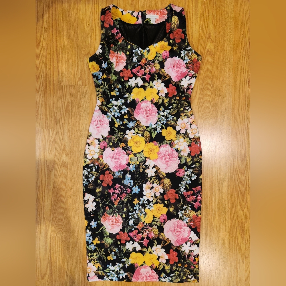 New York & Company Black Floral Midi Pencil Dress Like New Size M